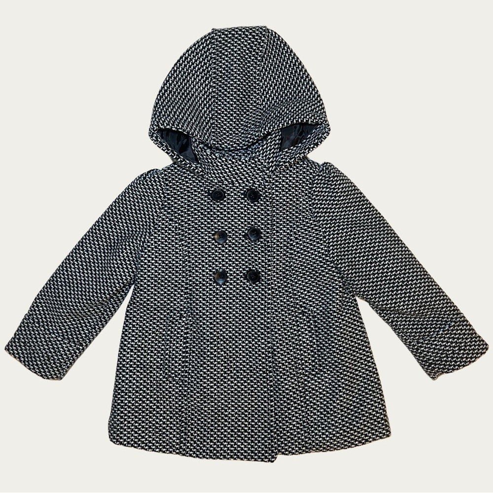 Old Navy Black‎ and White Lined Pleated Textured Peacoat with Hood Size 3T